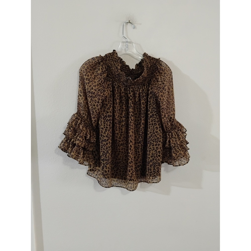 CeCe Leopard Print Smocked Off The Shoulder Ruffle Sleeve Blouse Brown Medium